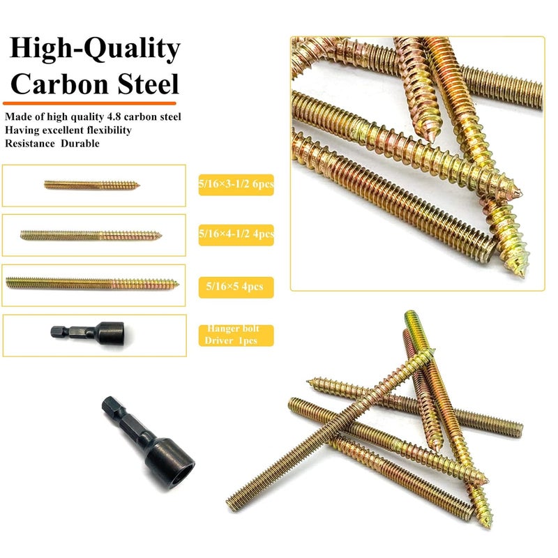 Matrelt 15 Pack 5/16-18" Hanger Bolts 3 Long Sizes Include1 pcs Hanger Bolt Driver Double Headed Bolts Wood Dowel Screw Self-Tapping Screw Hanger Bolt for Furniture Double Threaded Rods - Image 3